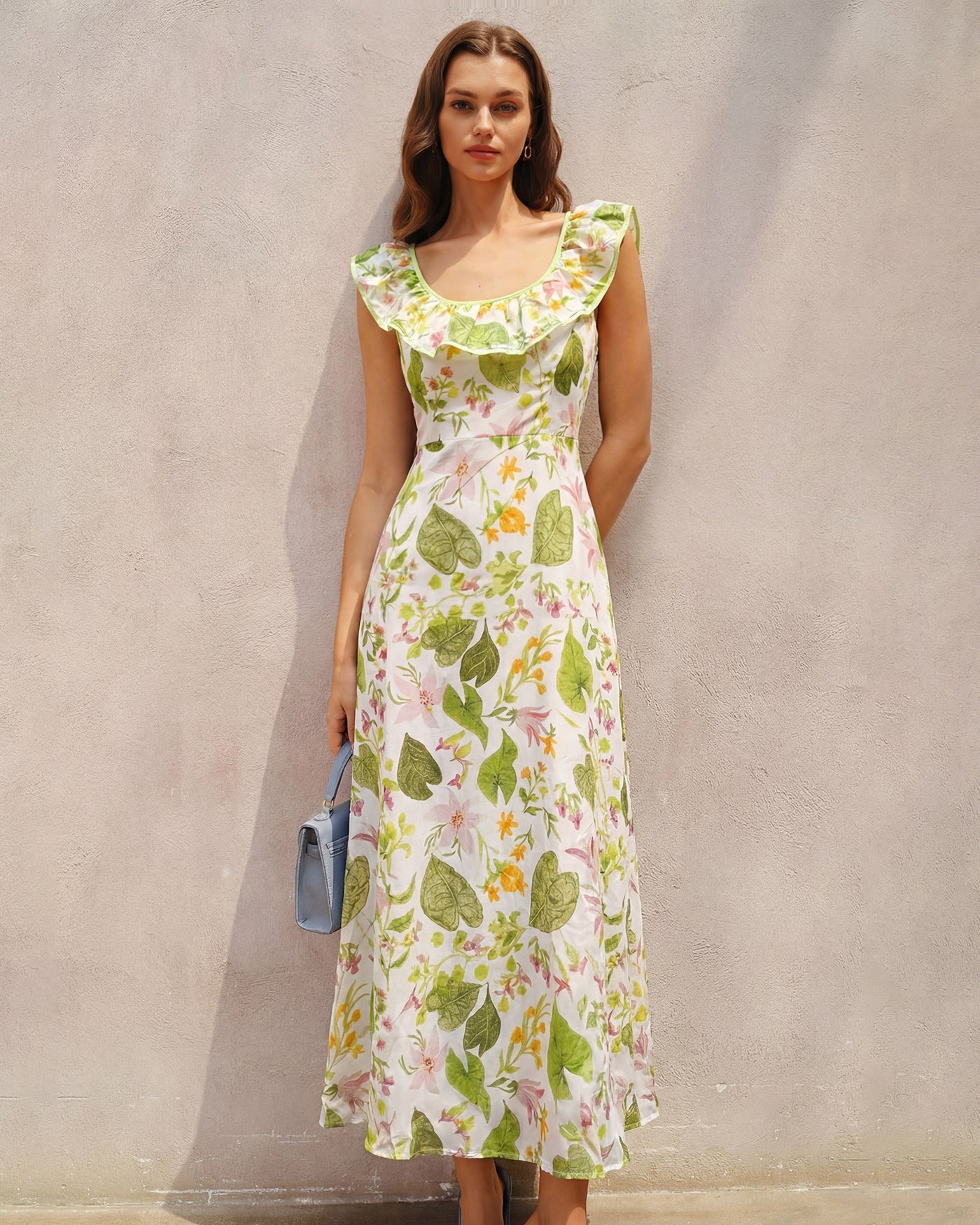 Green U Neck Plant Maxi Dress