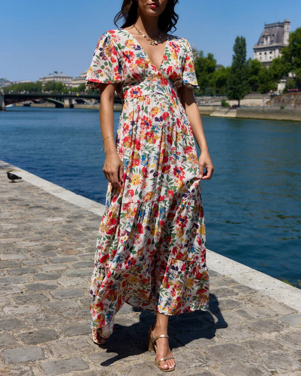 Floral V Neck Butterfly Sleeve Maxi Dress