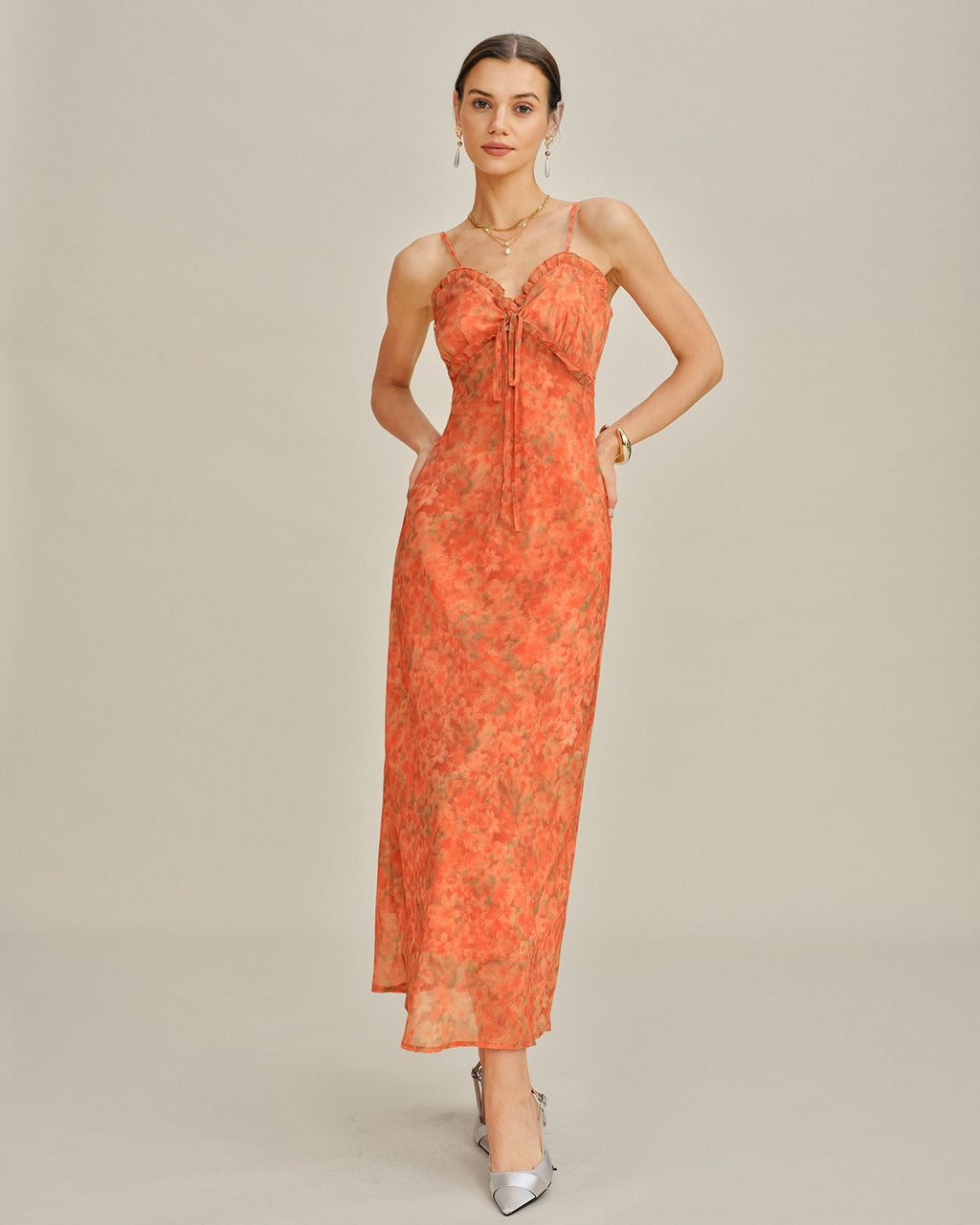 Orange Floral A-Line Slip Maxi Dress