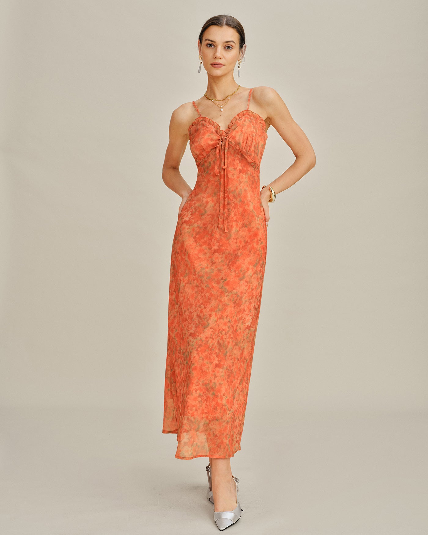 Orange Floral A-Line Slip Maxi Dress
