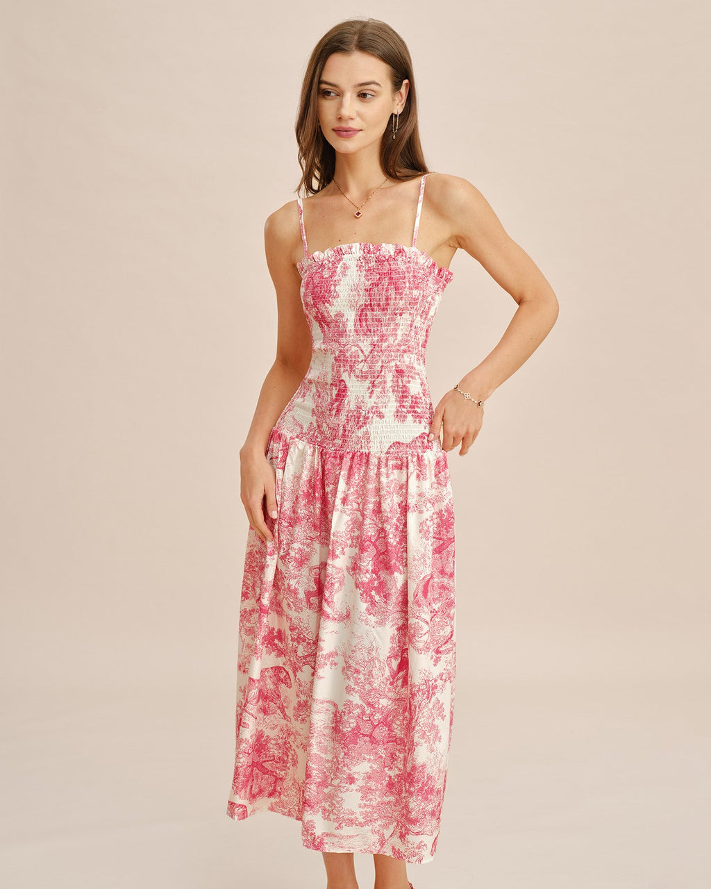 Pink Floral Shirred Slip Maxi Dress