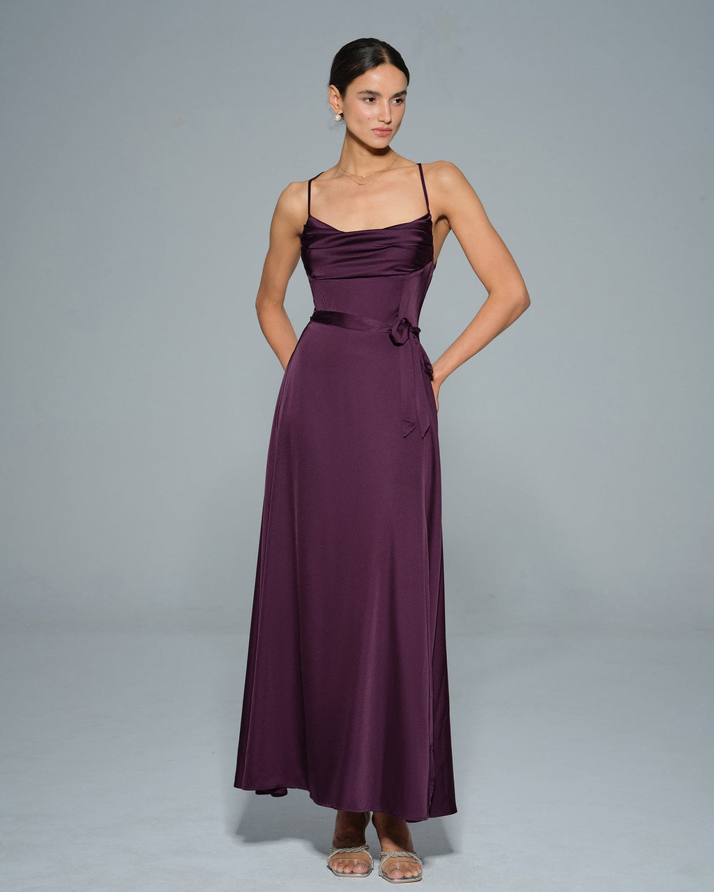 Purple Cowl Neck Satin Maxi Dress
