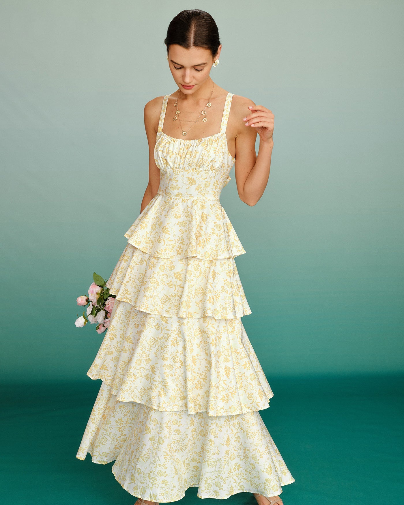 Yellow Floral Ruched Slip Maxi Dress