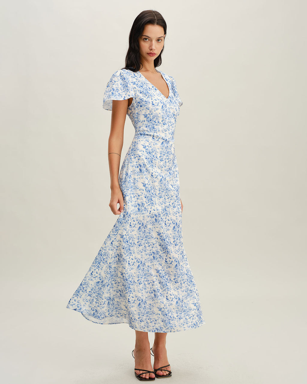 Blue Floral V Neck Button Maxi Dress