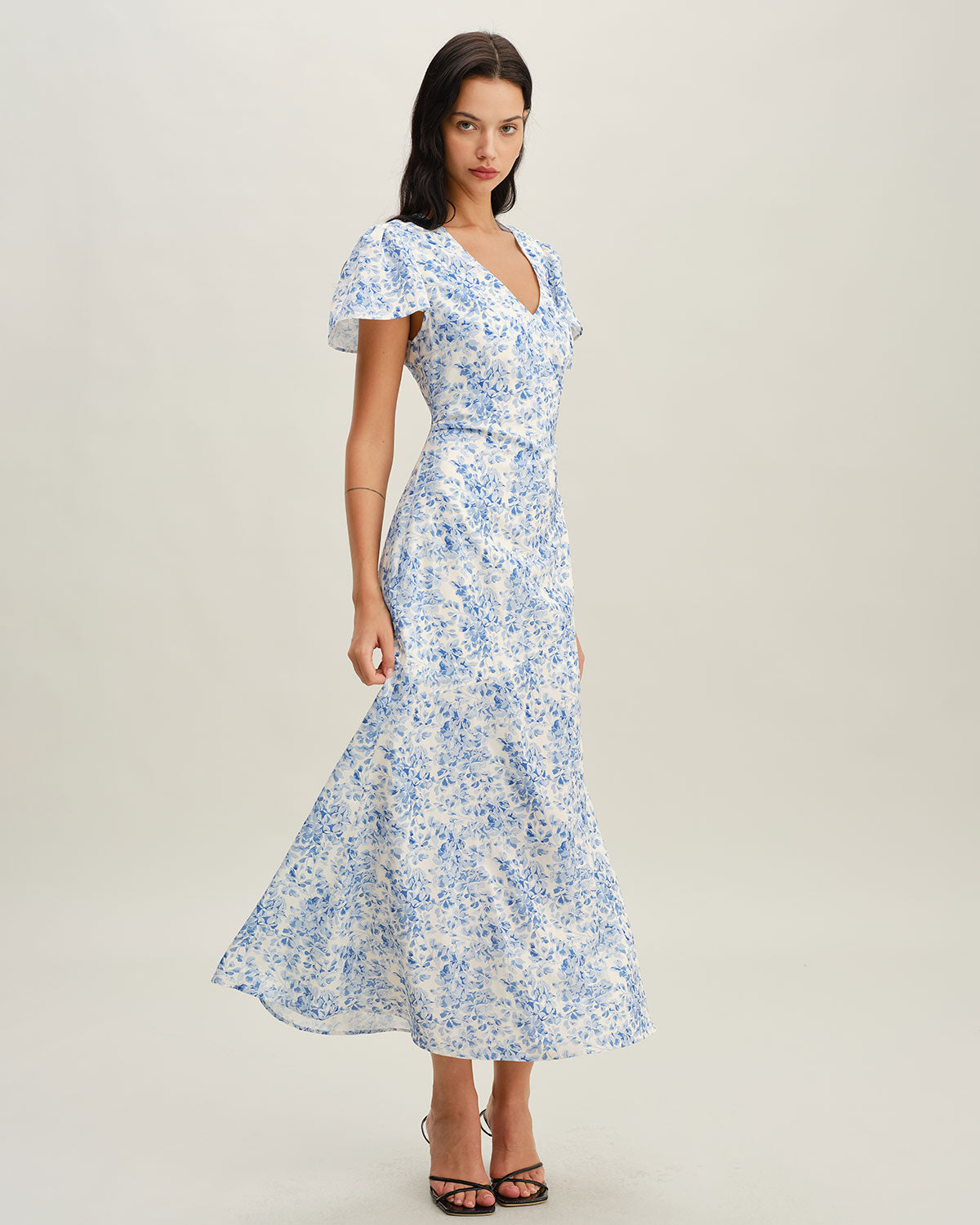 Blue Floral V Neck Button Maxi Dress