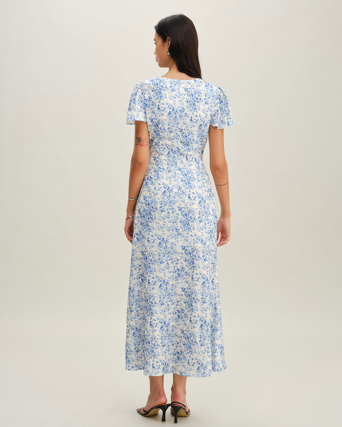 Blue Floral V Neck Button Maxi Dress
