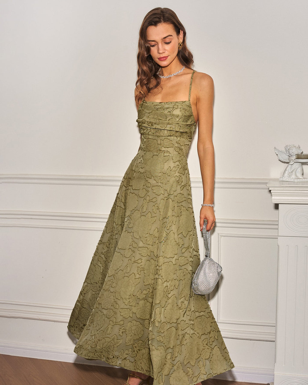 Sage Green X Cross Jacquard Slip Maxi Dress