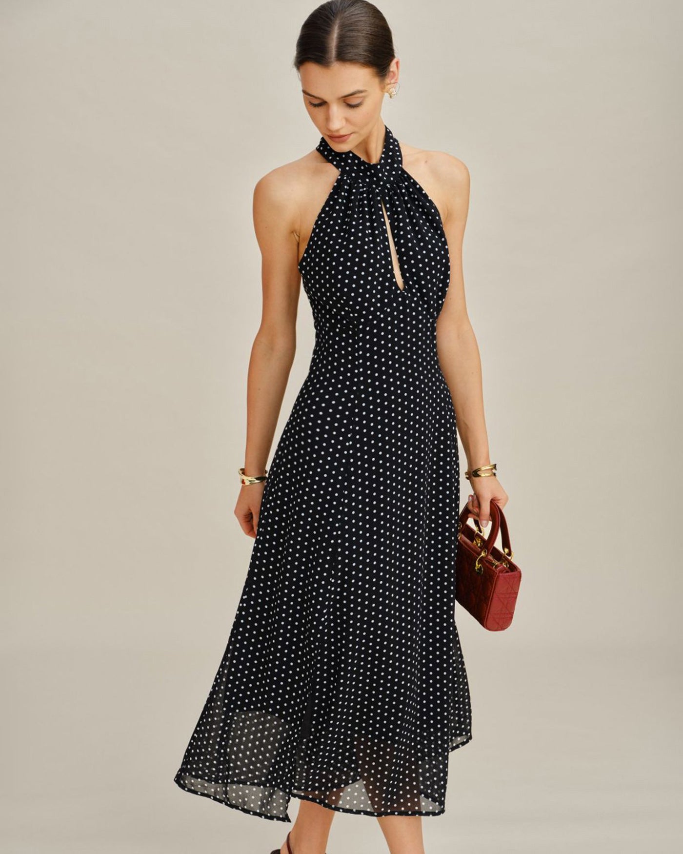 Black Polka Dot Halter Midi Dress