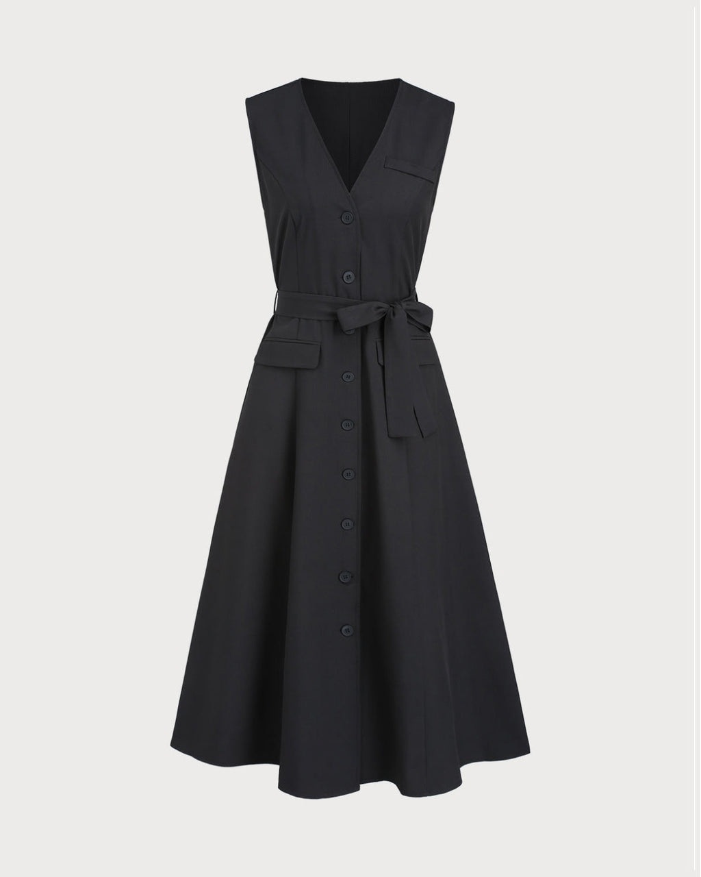 Black V Neck Belted Sleeveless Midi Dress