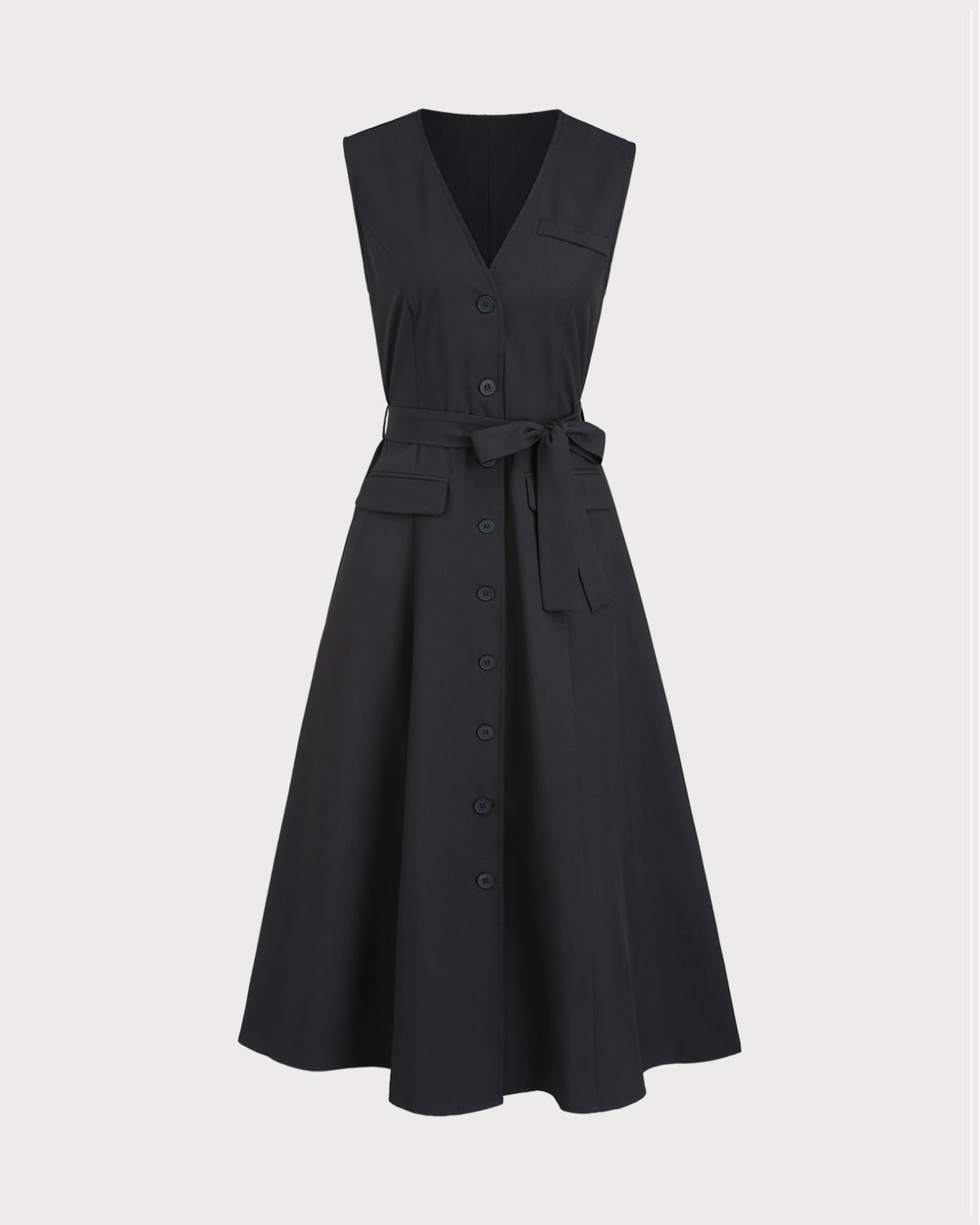 Black V Neck Belted Sleeveless Midi Dress