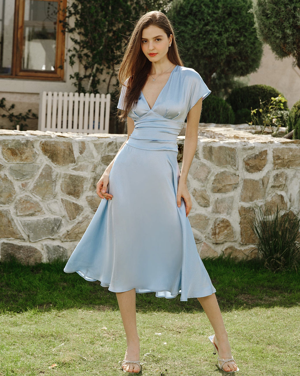 Blue Drop Shoulder Pleated Midi Dress