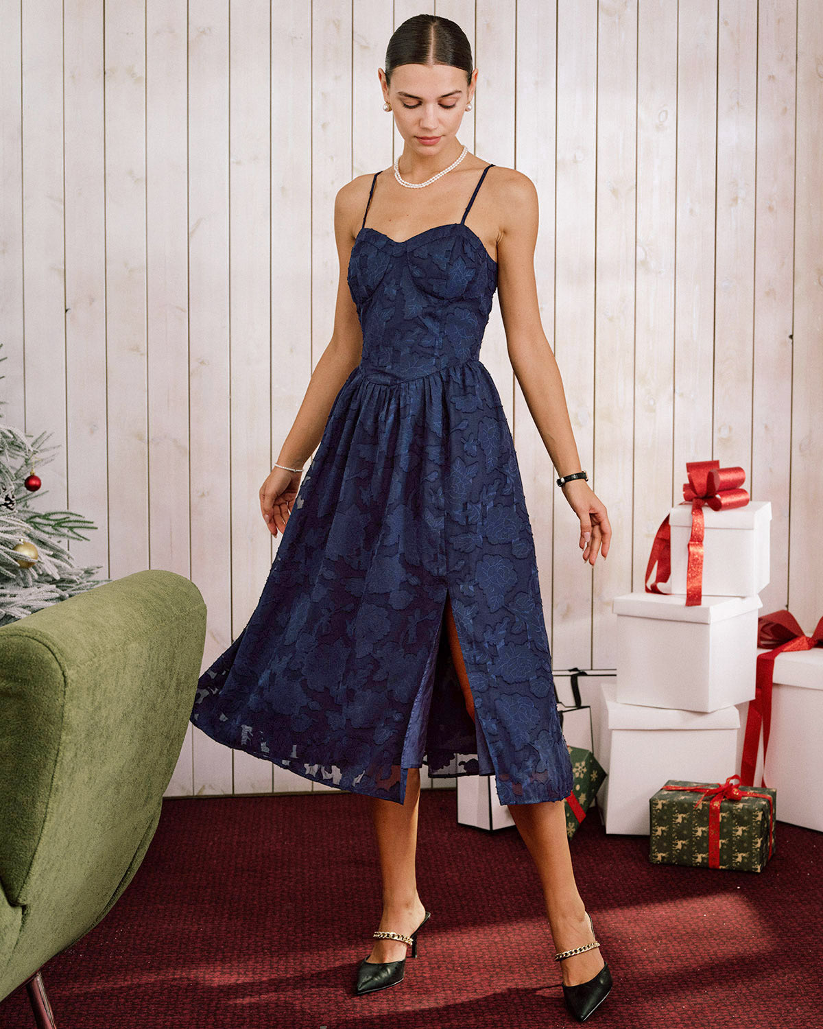 Blue Jacquard A-Line Slip Midi Dress