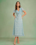 Blue V Neck Floral Ruffle Midi Dress
