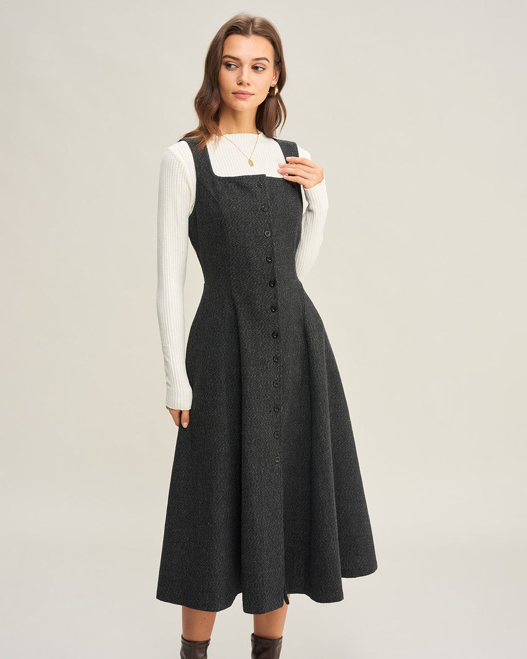 Grey Tweed Sleeveless Midi Dress