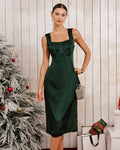 Green Satin Ruched Sleeveless Midi Dress