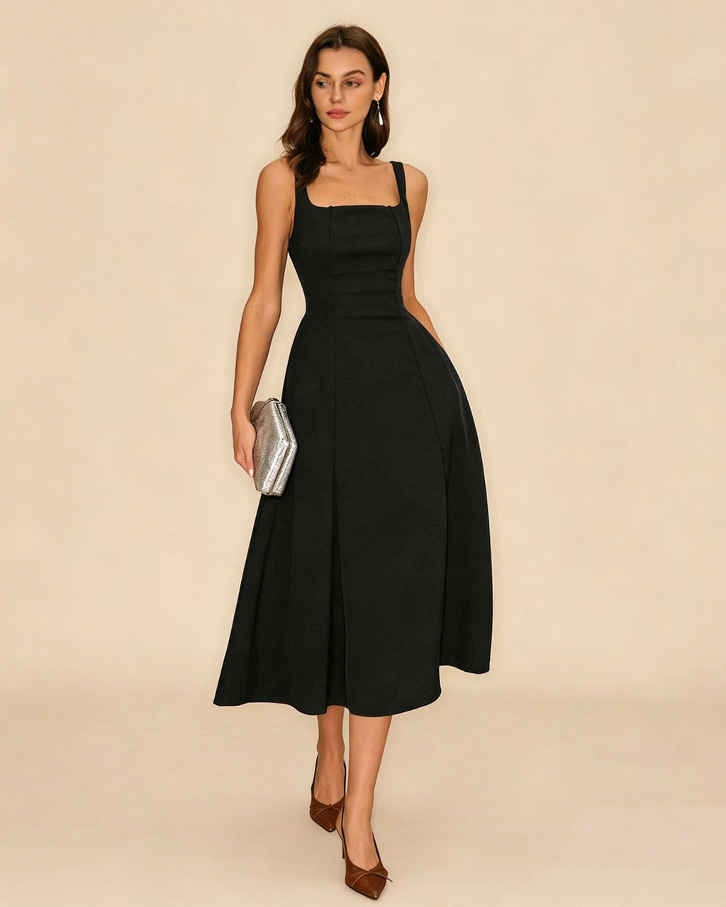 Black Solid Zipper Slip Midi Dress
