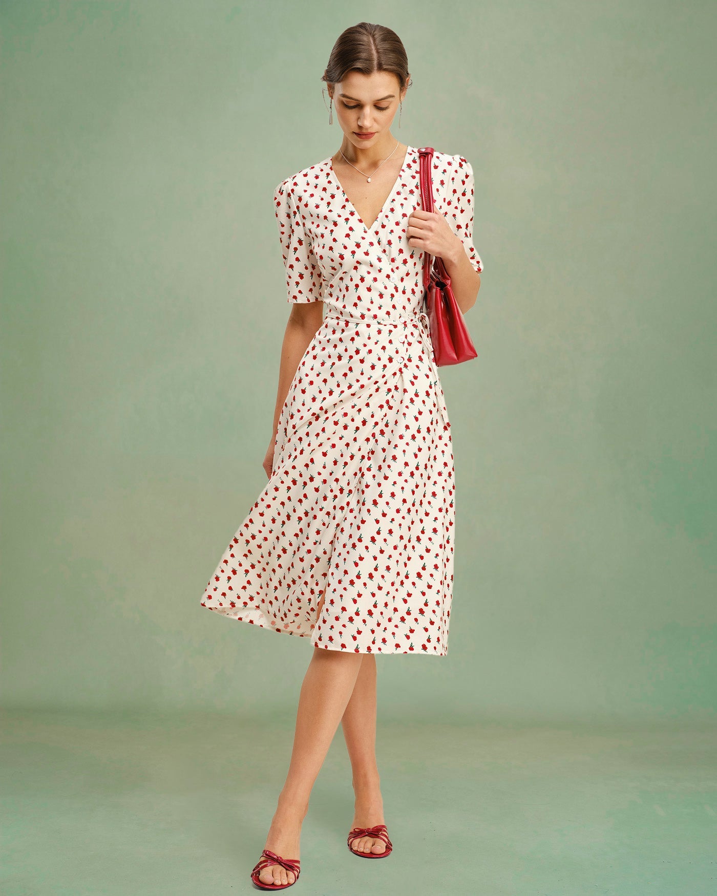 Apricot Floral V Neck Midi Dress