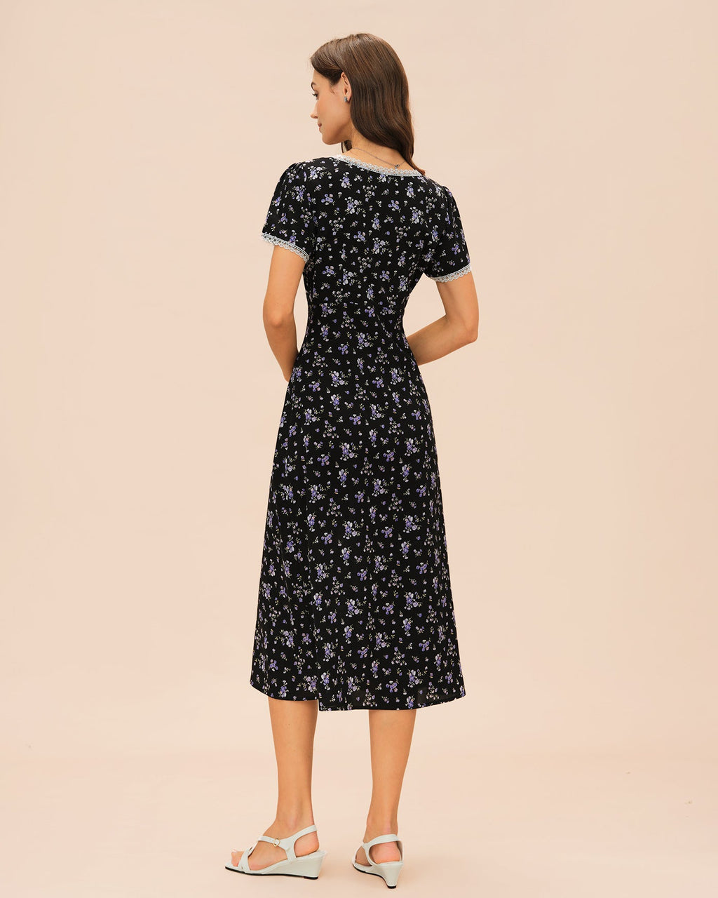 Black V Neck Lace Floral Midi Dress