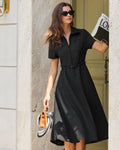 Black A-Line Belted Midi Dress