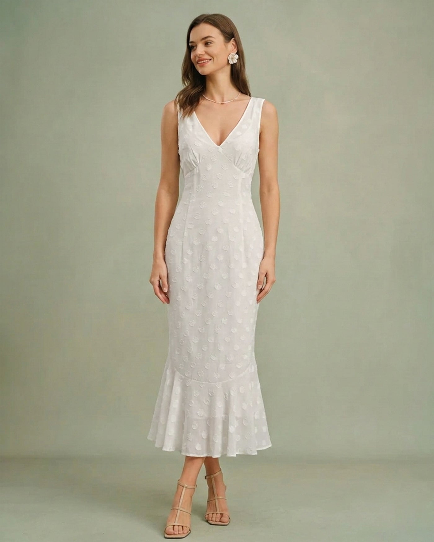 Beige Polka Dot V-Neck Midi Dress