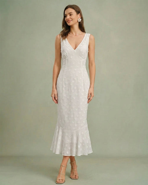Beige Polka Dot V-Neck Midi Dress