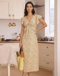 Yellow V Neck Floral Ruffle Midi Dress
