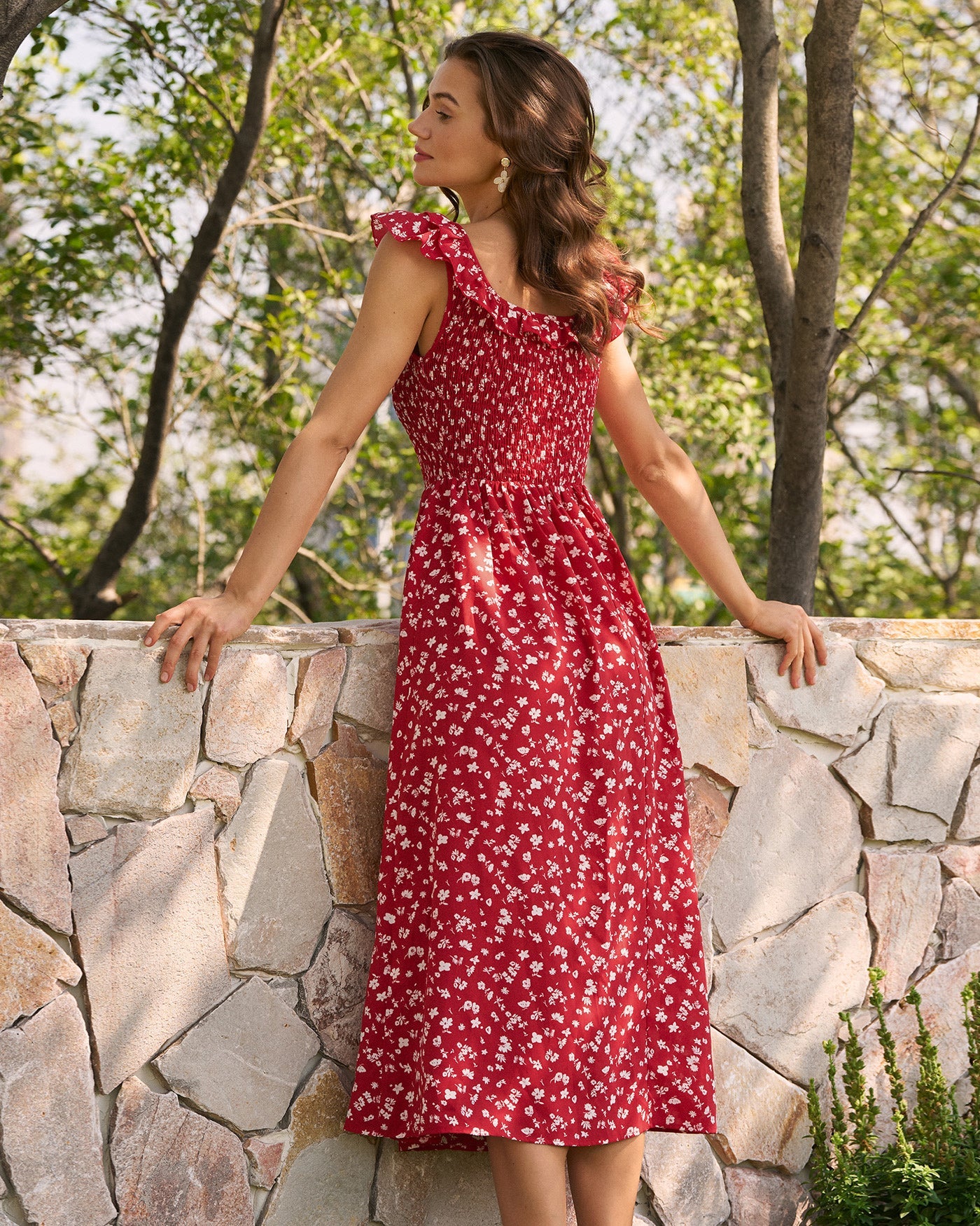 Red Square Neck Floral Midi Dress