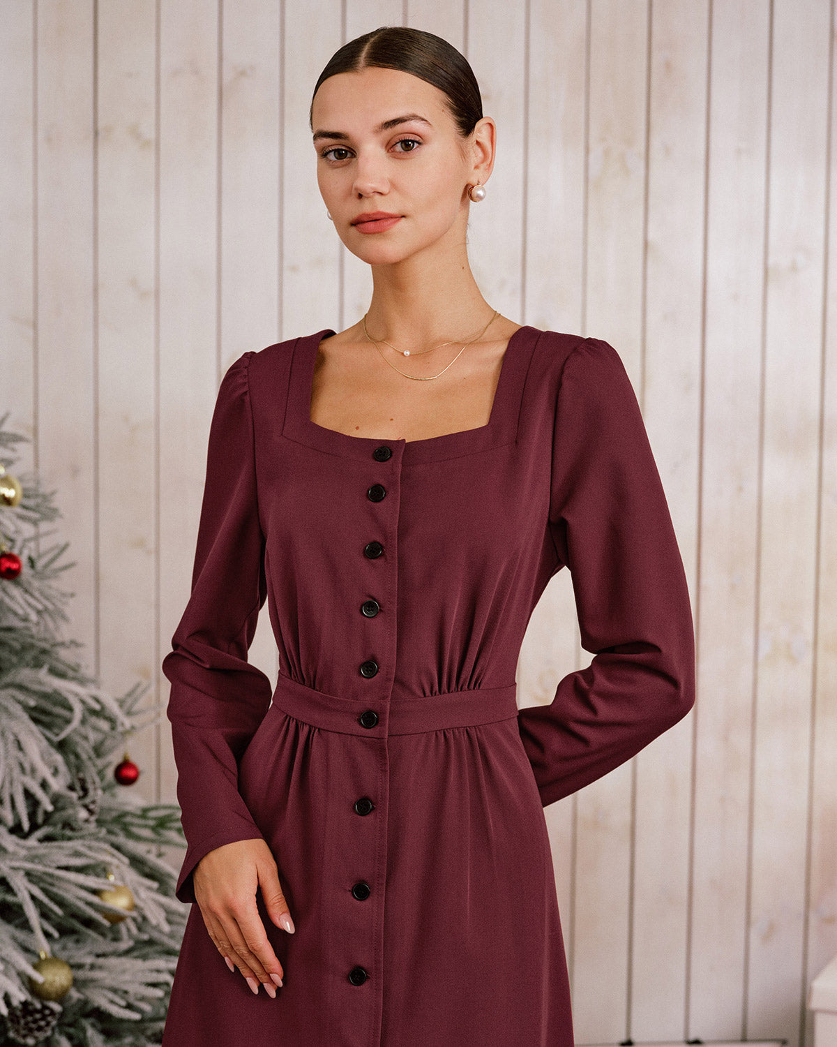 Wine Red Square Neck Button Midi Dress