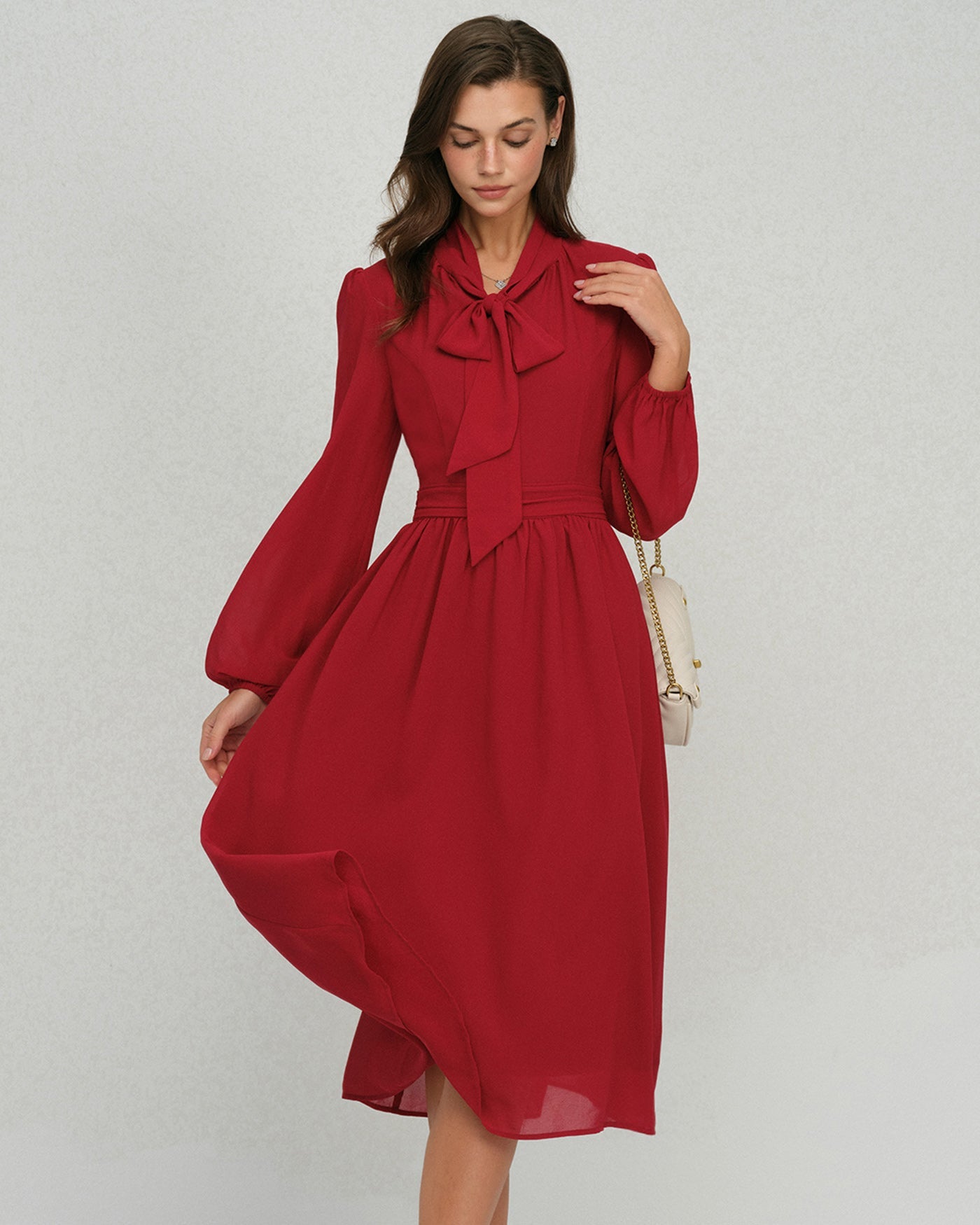 Wine Red Lantern Sleeve Chiffon Midi Dress