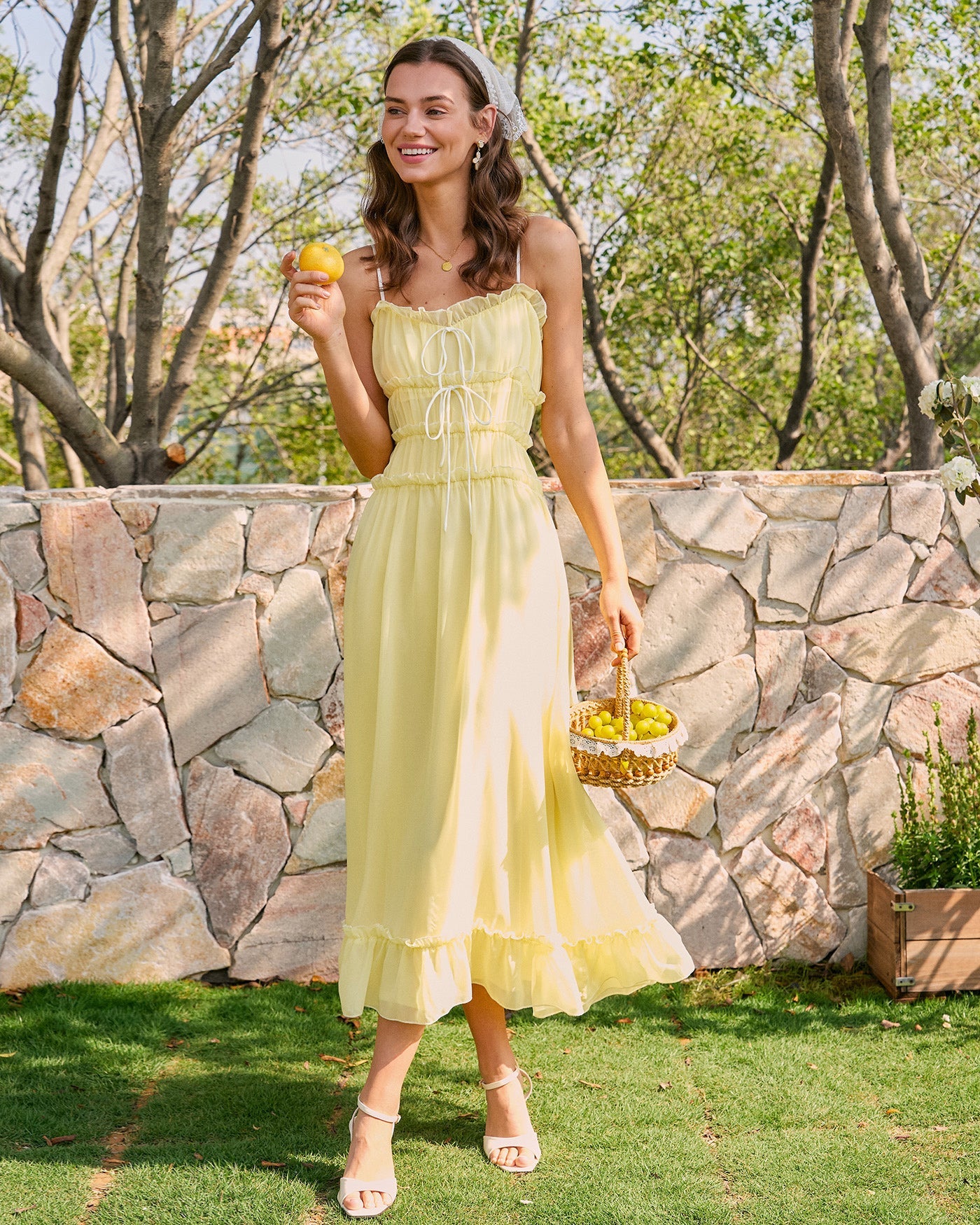 Yellow Sweetheart Neck Ruffle Midi Dress
