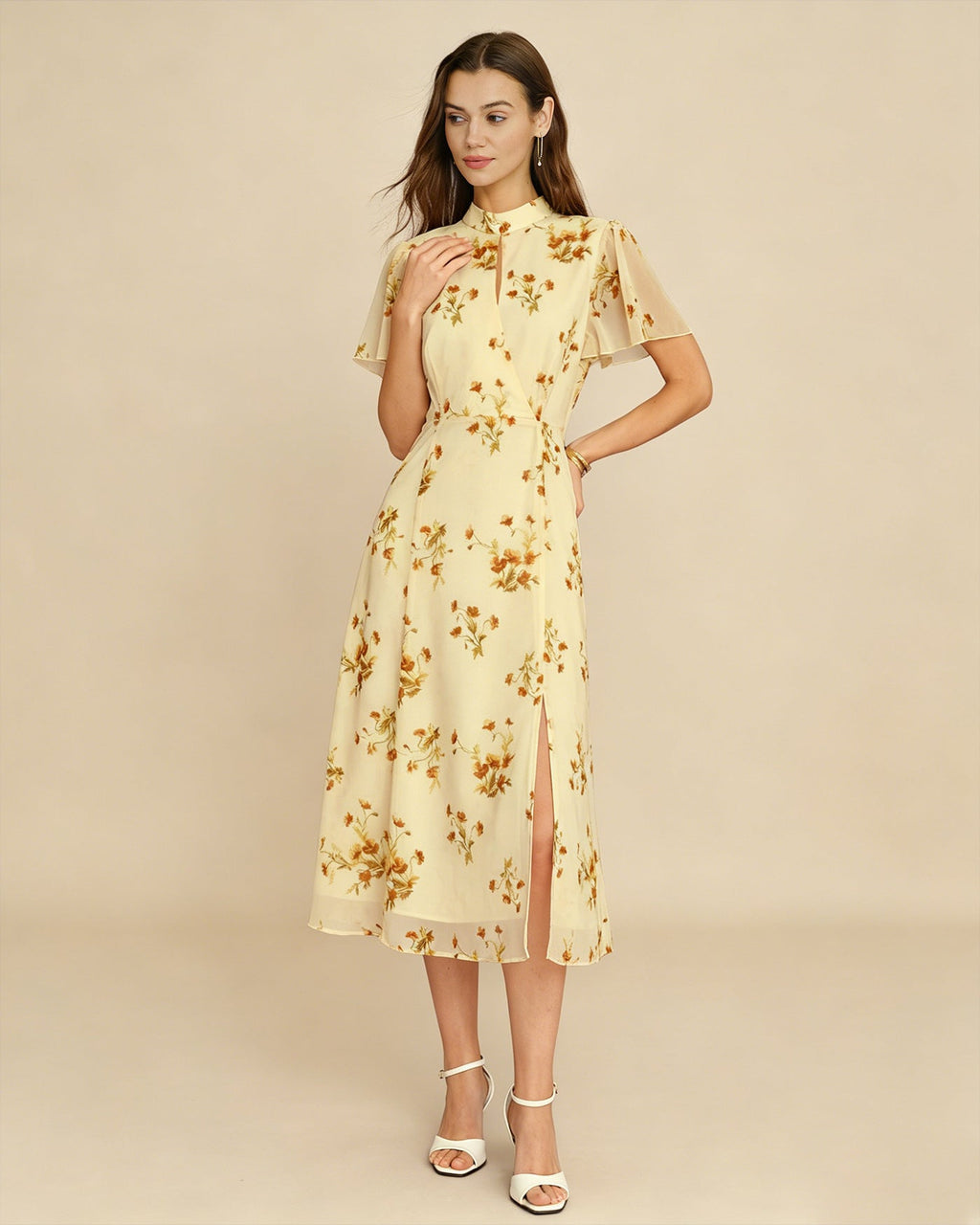 Yellow Turtle Butterfly Sleeve Floral Midi Dress