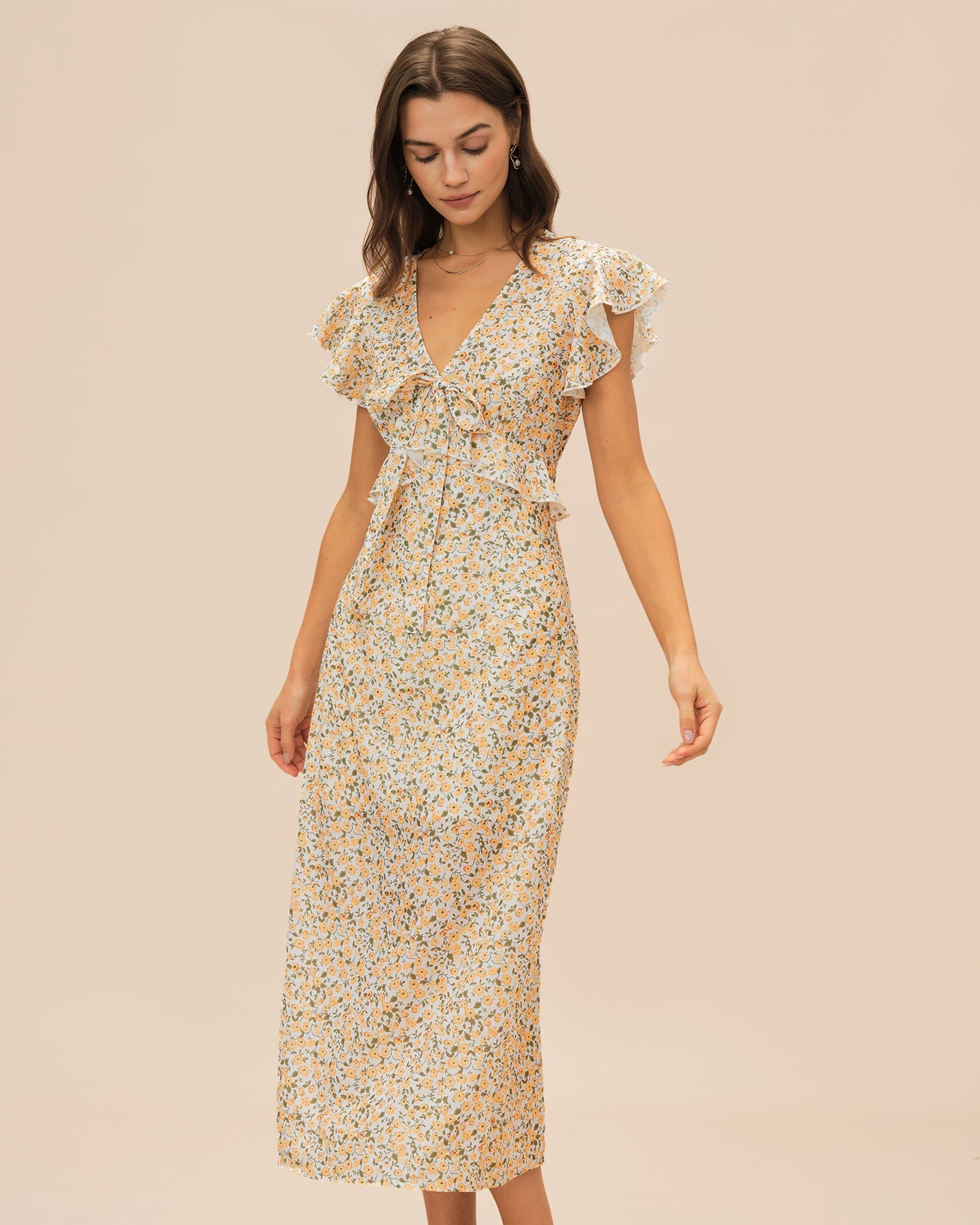 Yellow V Neck Floral Ruffle Midi Dress