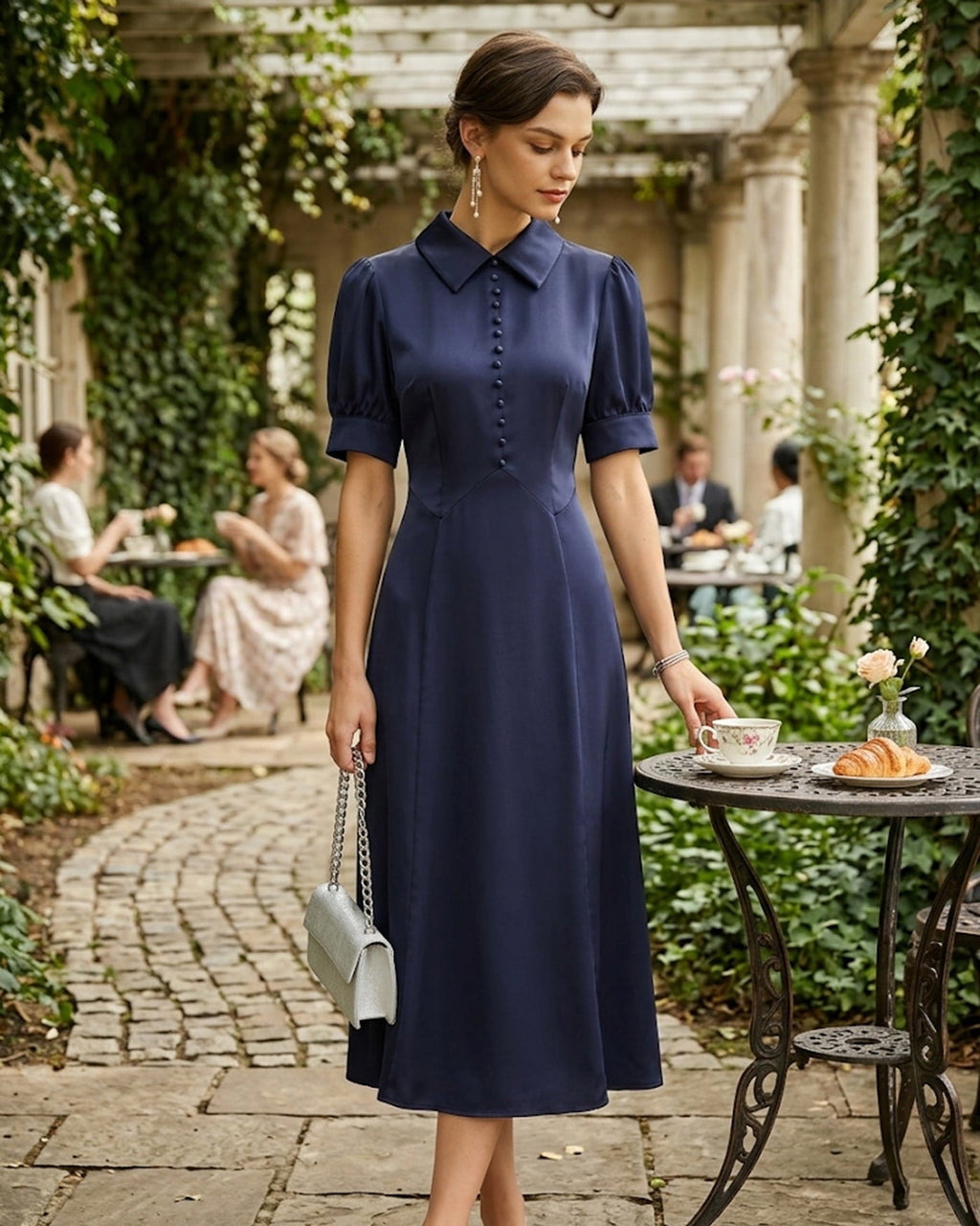Navy Collar Puffed Sleeve Satin Midi Dress
