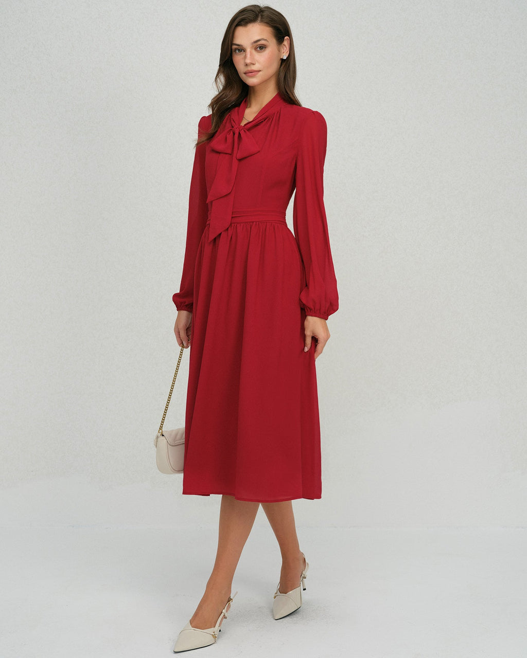Wine Red Lantern Sleeve Chiffon Midi Dress