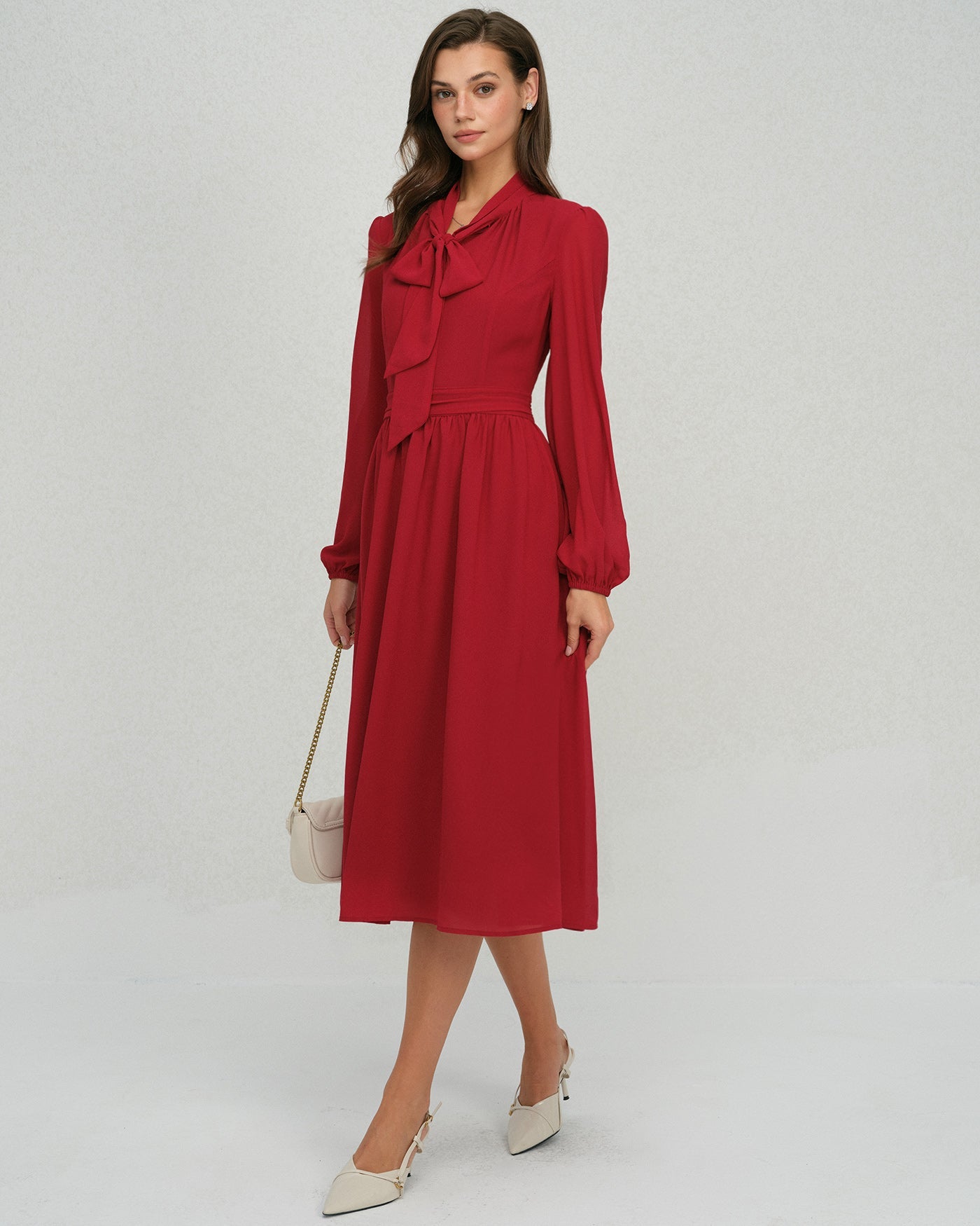 Wine Red Lantern Sleeve Chiffon Midi Dress