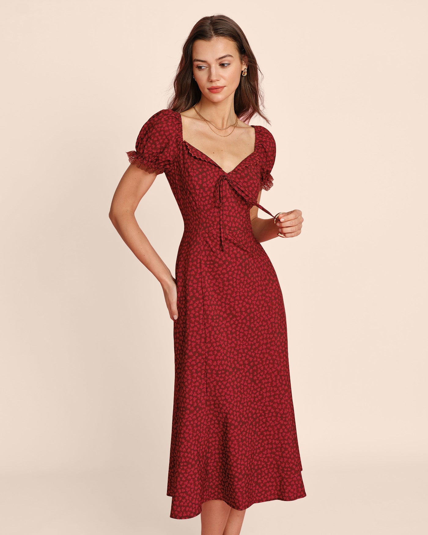 Red V Neck Lace Floral Midi Dress