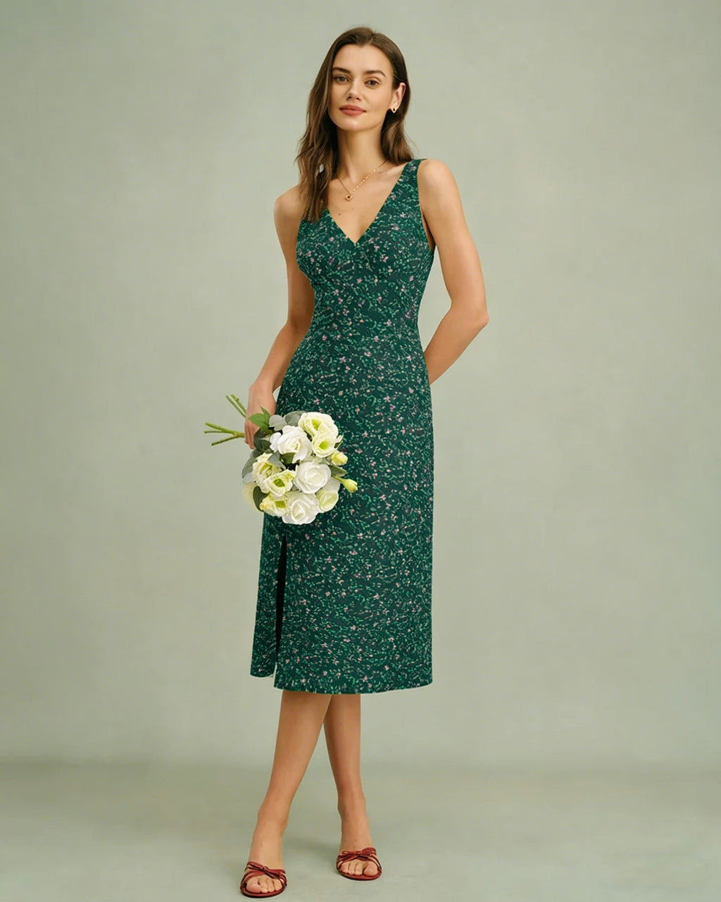 Green V Neck Floral Midi Dress