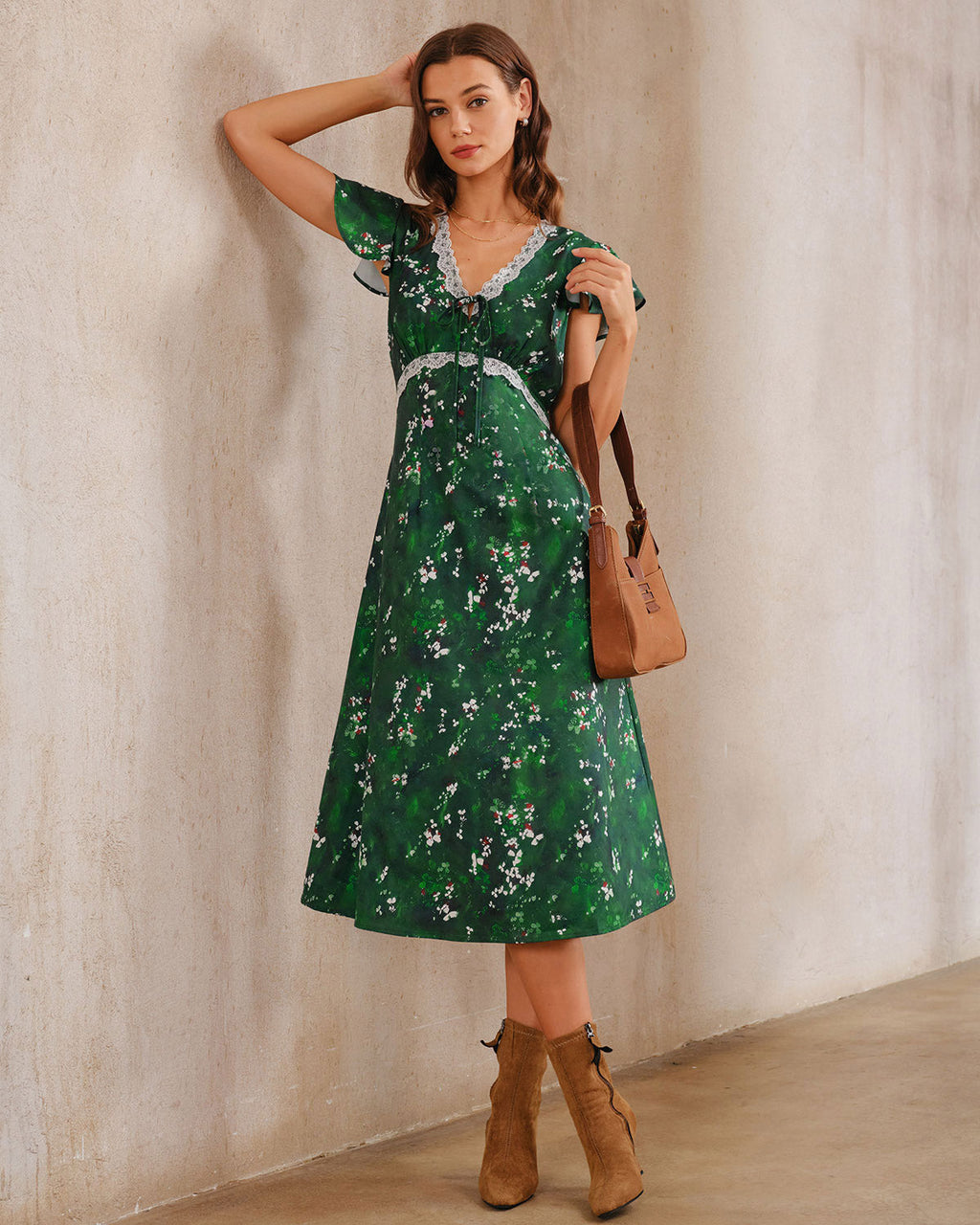 Green Floral V Neck Ruched Midi Dress