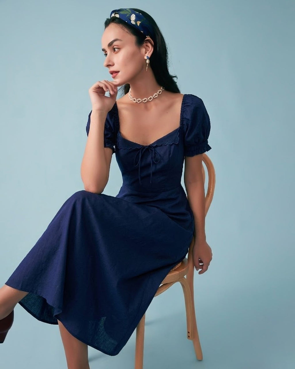 Navy V Neck Puffed Sleeve Midi Dress