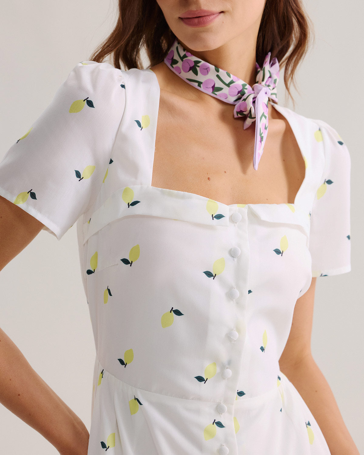 White Fruit Square Neck Midi Dress