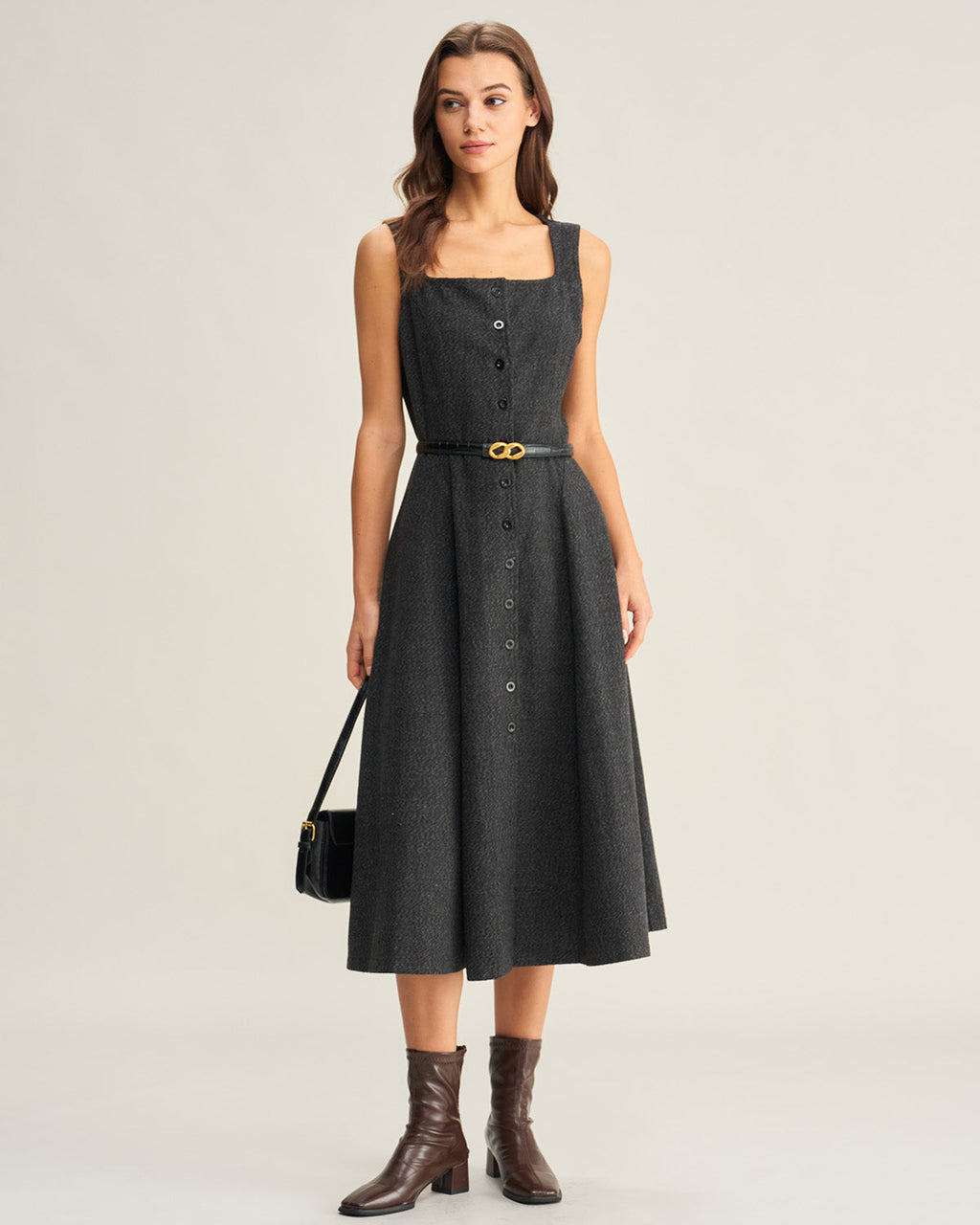 Grey Tweed Sleeveless Midi Dress