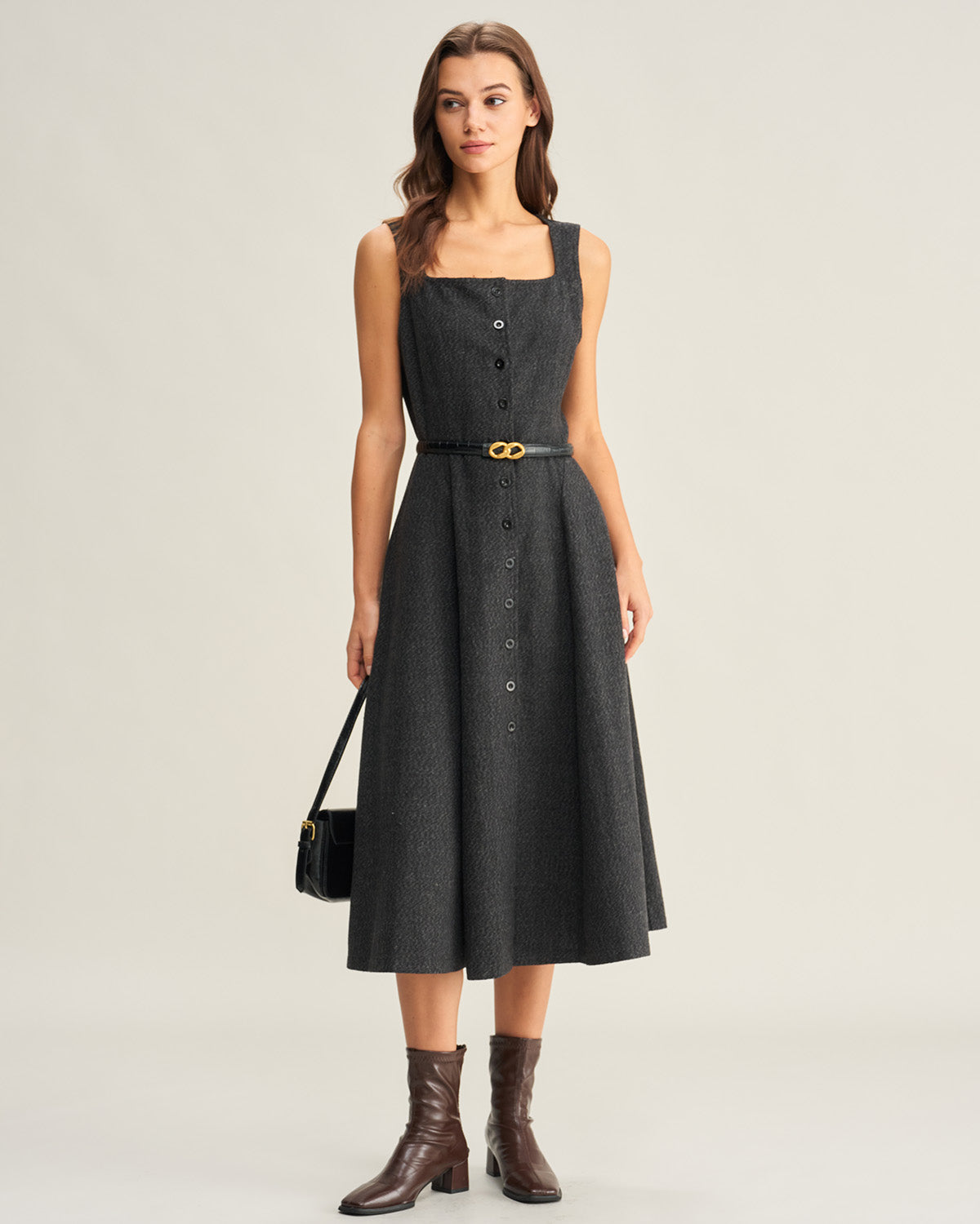 Grey Tweed Sleeveless Midi Dress