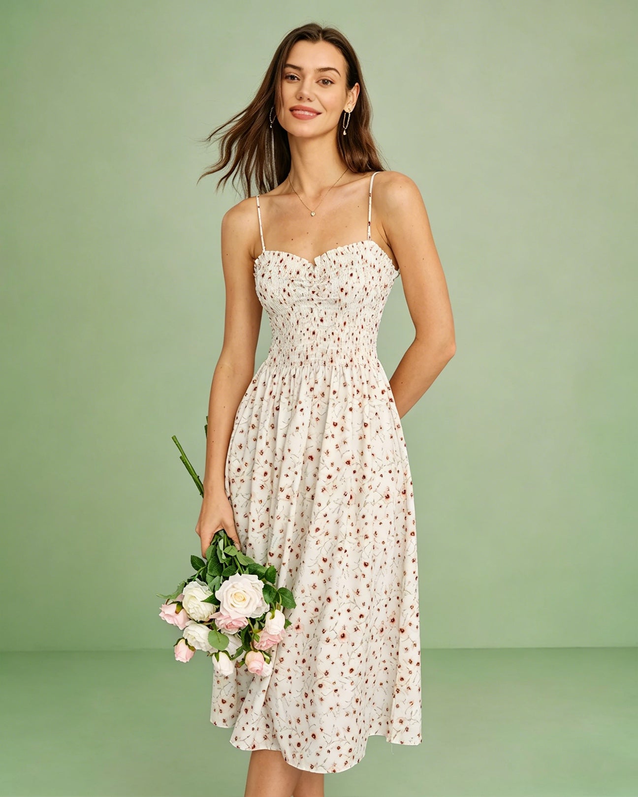 Apricot Floral Shirred Slip Midi Dress