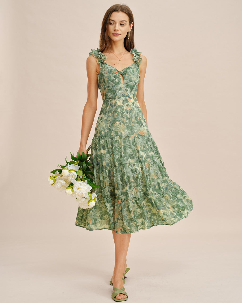 Green Shirred Sleeveless Midi Dress