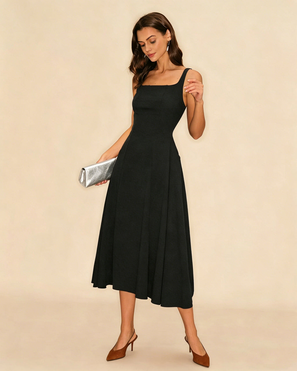 Black Solid Zipper Slip Midi Dress