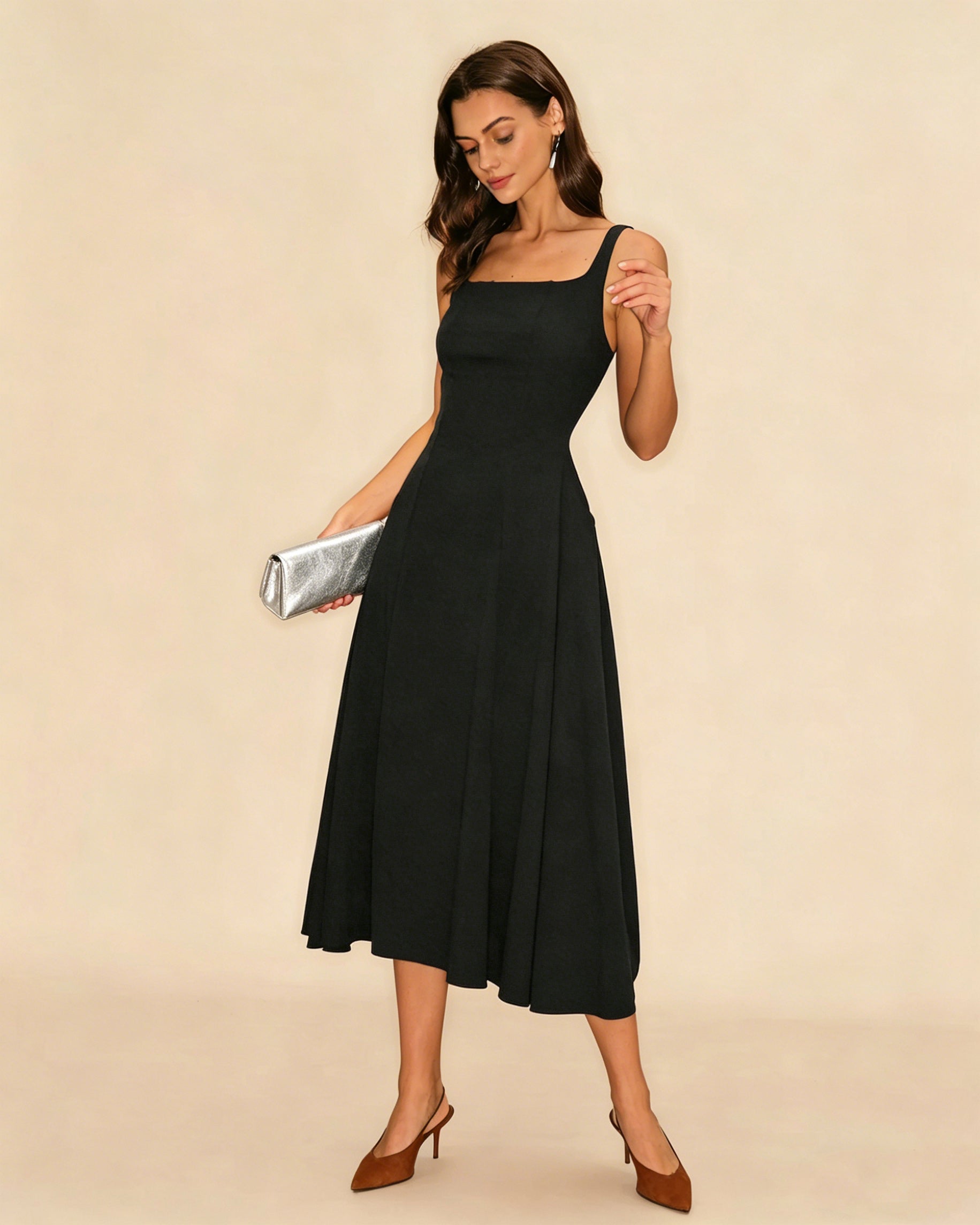 Black Solid Zipper Slip Midi Dress
