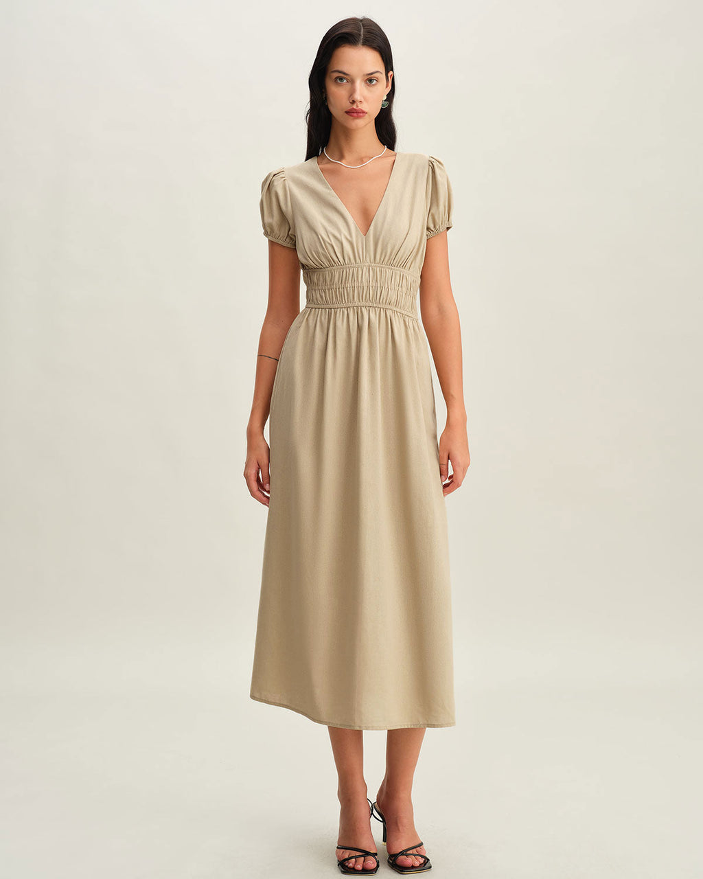 Beige Ruched Puffed Sleeve Midi Dress