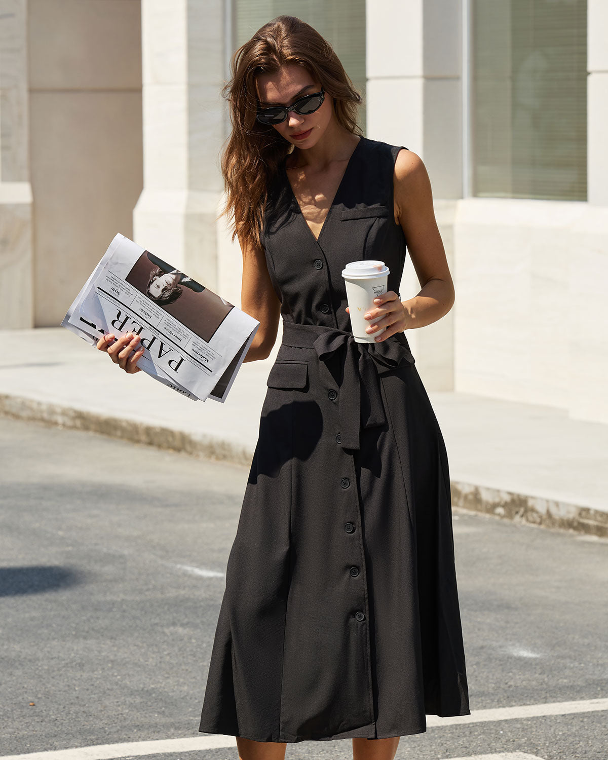 Black V Neck Belted Sleeveless Midi Dress