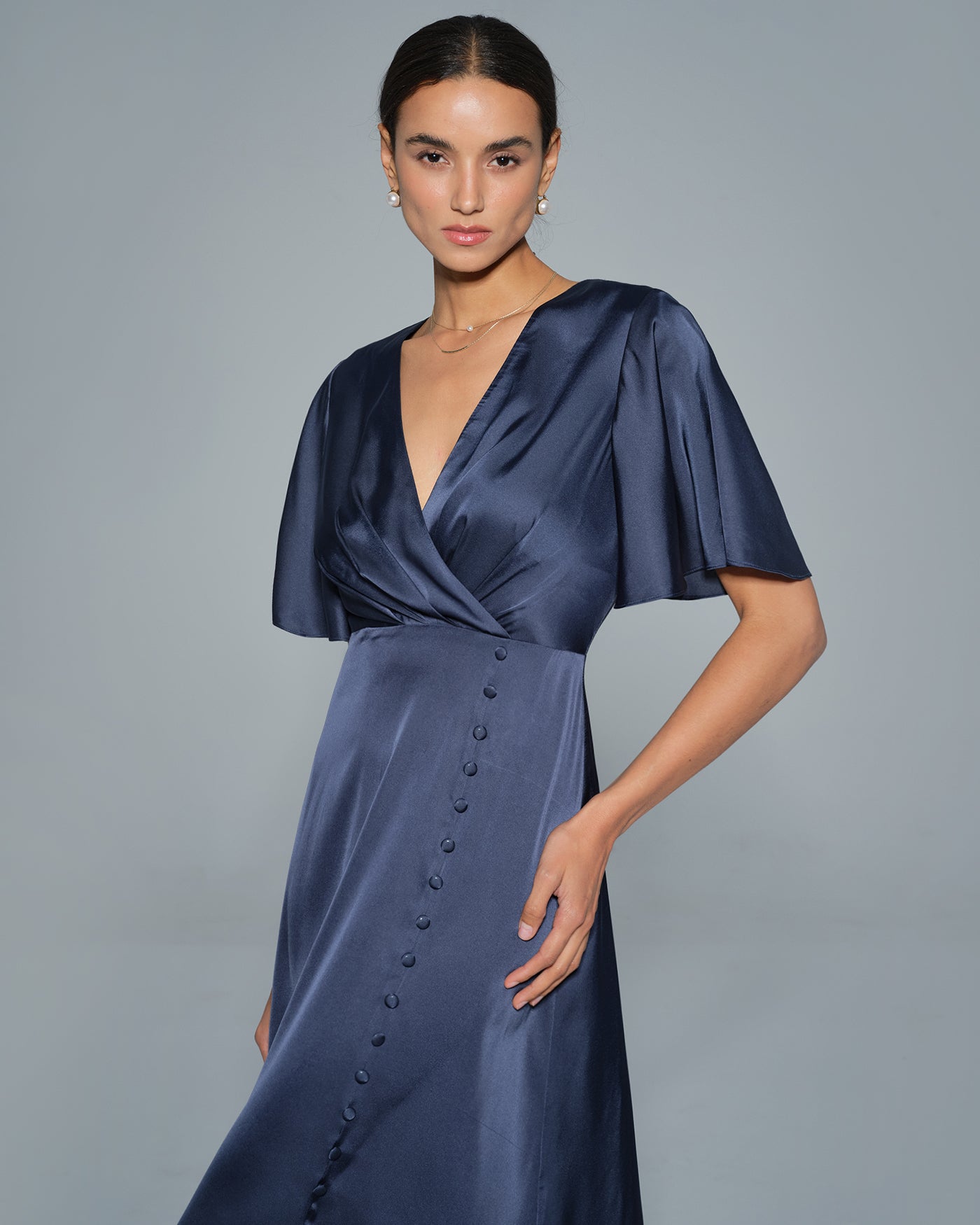 Navy V Neck Satin Midi Dress