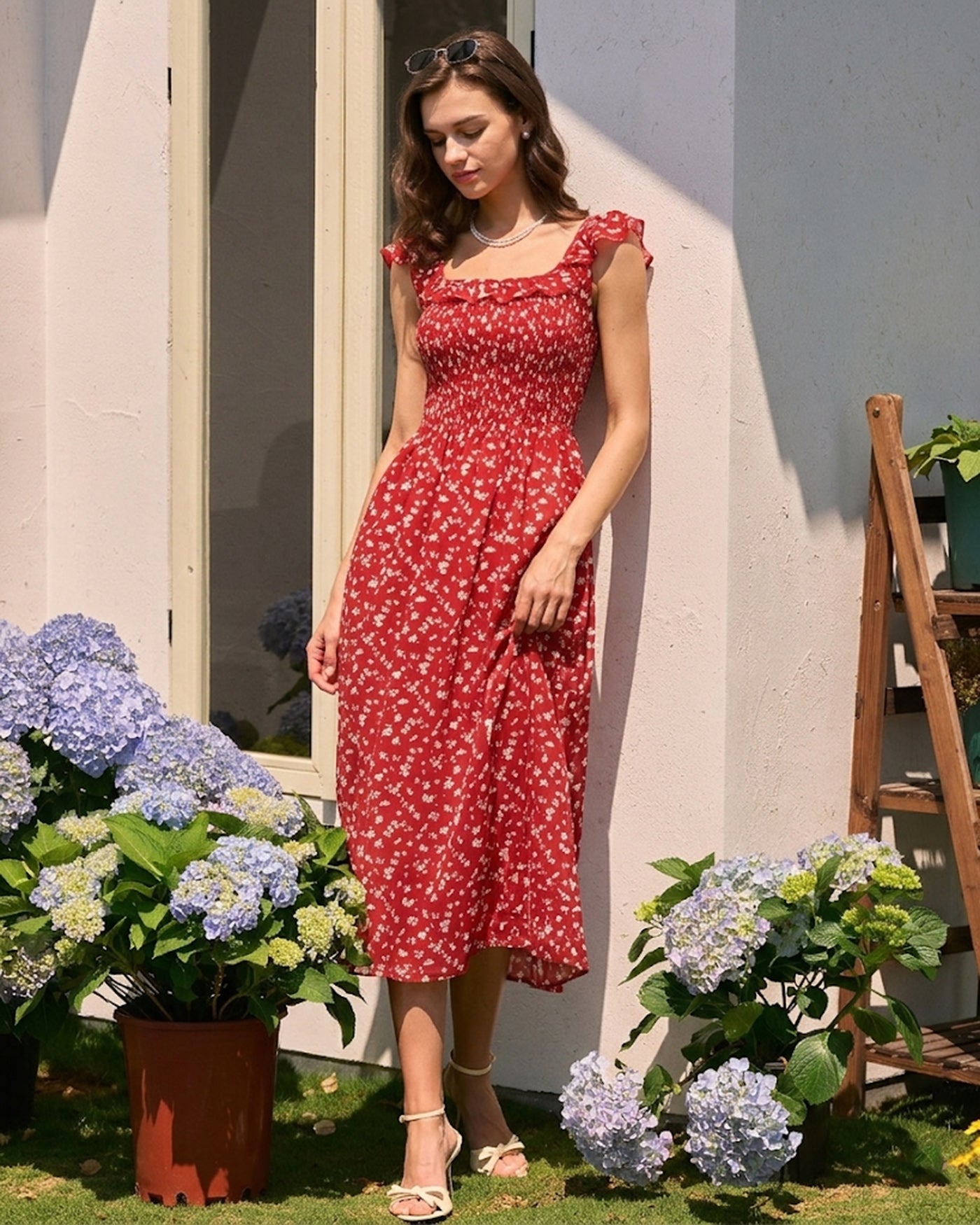 Red Square Neck Floral Midi Dress